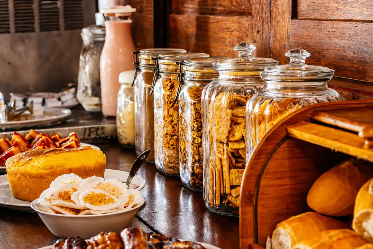 Breakfast spread with fresh bread, cakes and glass jars of cereals and biscuits